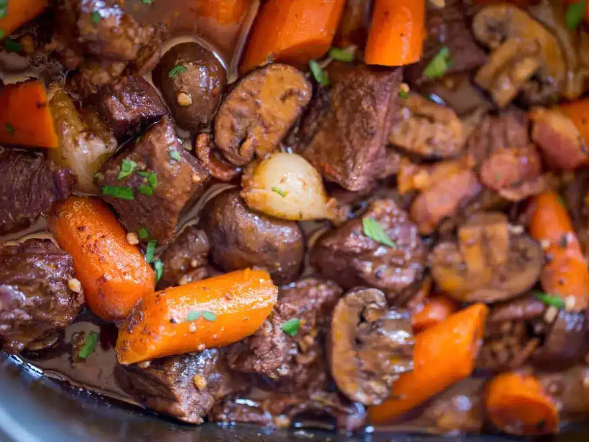 Top view of cooked soup in a crock pot