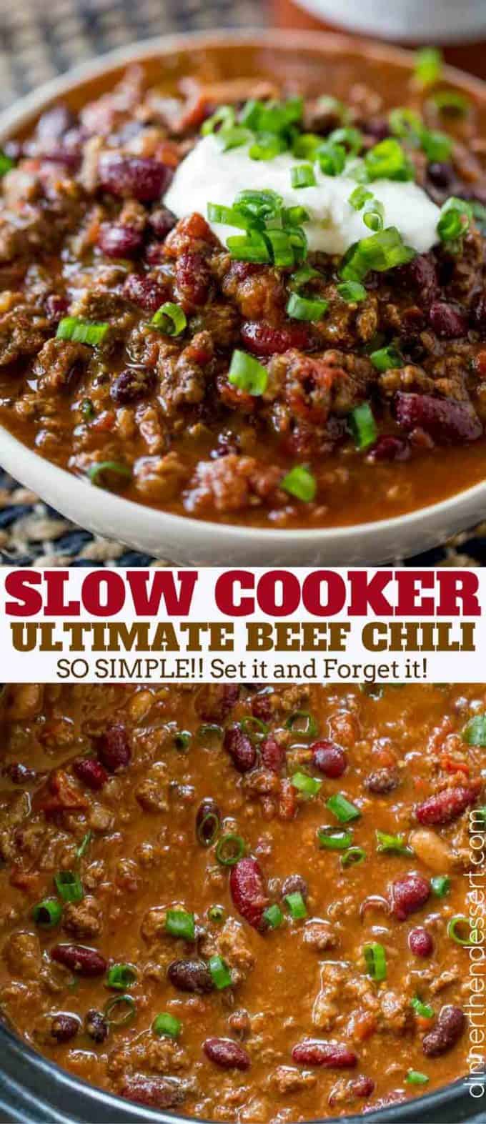 An EASY, classic Slow Cooker Beef Chili that takes no effort at all and is a perfect winter meal your family will love for dinner or for a game day treat!