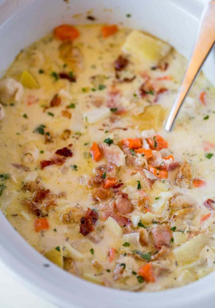Slow Cooker Bacon Chicken Chowder cooks low and slow all day long for a hearty, easy rich chowder with buttery potatoes and lots of bacon.