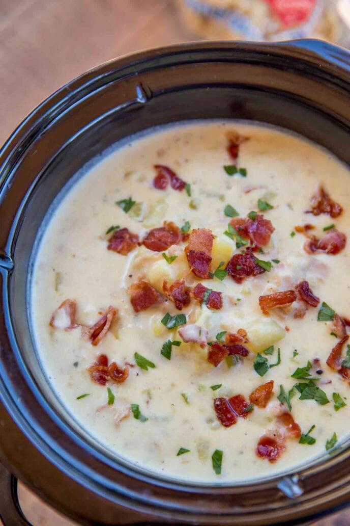 close up of soup in crockpot 