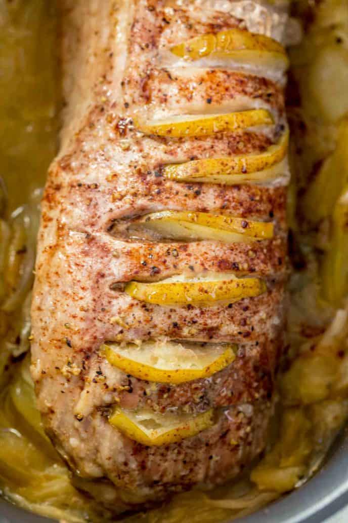 The easiest fancy meal you'll ever serve your guests, this Crock Pot Honey Apple Pork Loin.