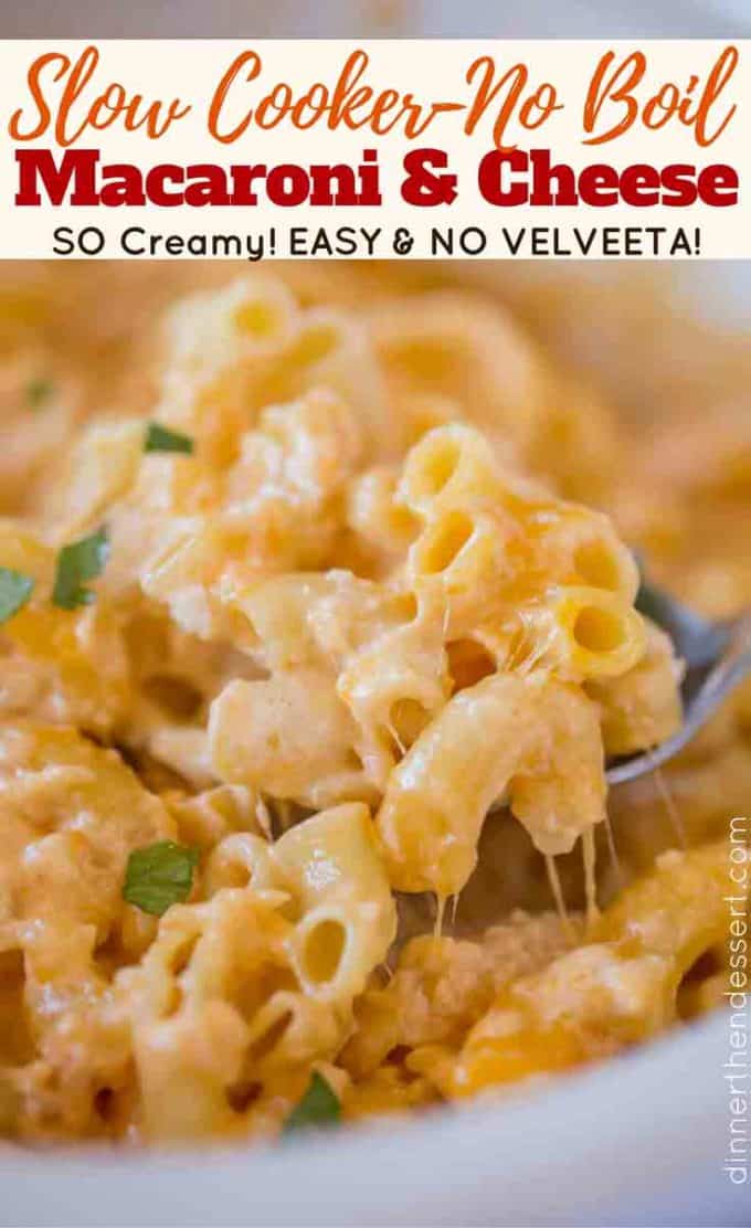 Slow Cooker Mac and Cheese is super creamy and cheesy with no boiling or pre-made noodles and no velveeta or condensed soups! #cheese #macandcheese #slowcooker #recipe
