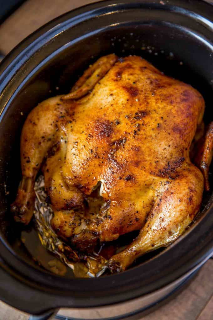 Slow Cooker Rotisserie Chicken made with just a few spices and in the slow cooker with CRISPY skin without a second spent in the oven!