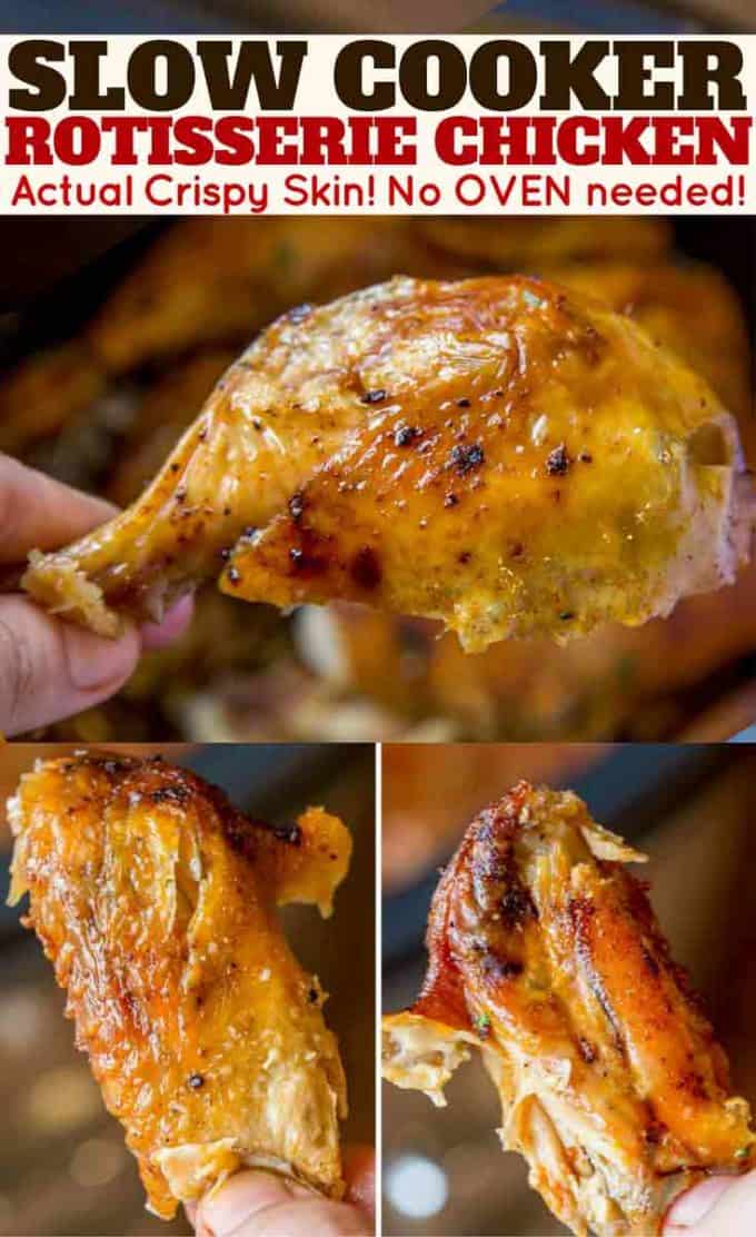 Slow Cooker Rotisserie Chicken made with just a few spices and in the slow cooker with CRISPY skin without a second spent in the oven! #slowcooker #rotisseriechicken #recipe #chicken.