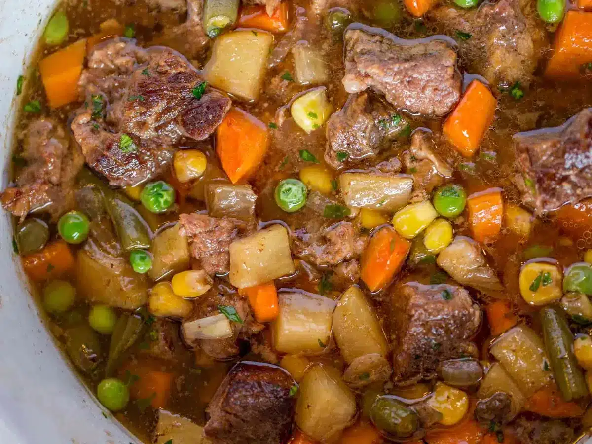 close up of slow cooker soup 