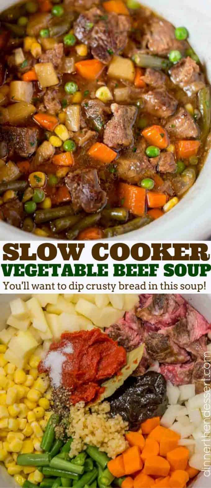 Slow Cooker Vegetable Beef Soup with is the most comforting, EASY soup you'll make. You'll want to dip crusty bread into the amazing flavors in this soup! #soup #beef #slowcooker #crockpot #comfortfood