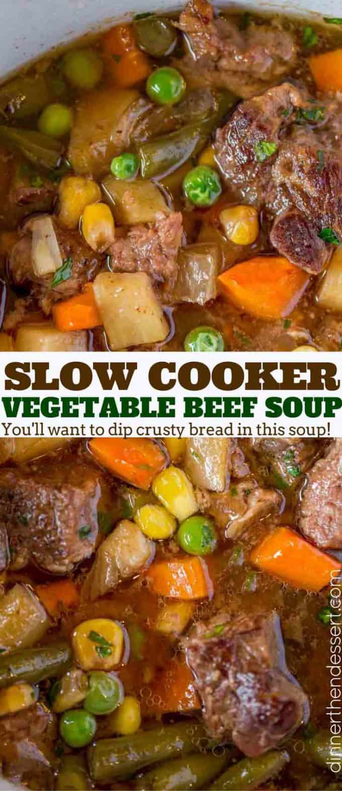 Slow Cooker Vegetable Beef Soup with is the most comforting, EASY soup you'll make. You'll want to dip crusty bread into the amazing flavors in this soup! #soup #beef #slowcooker #crockpot #comfortfood