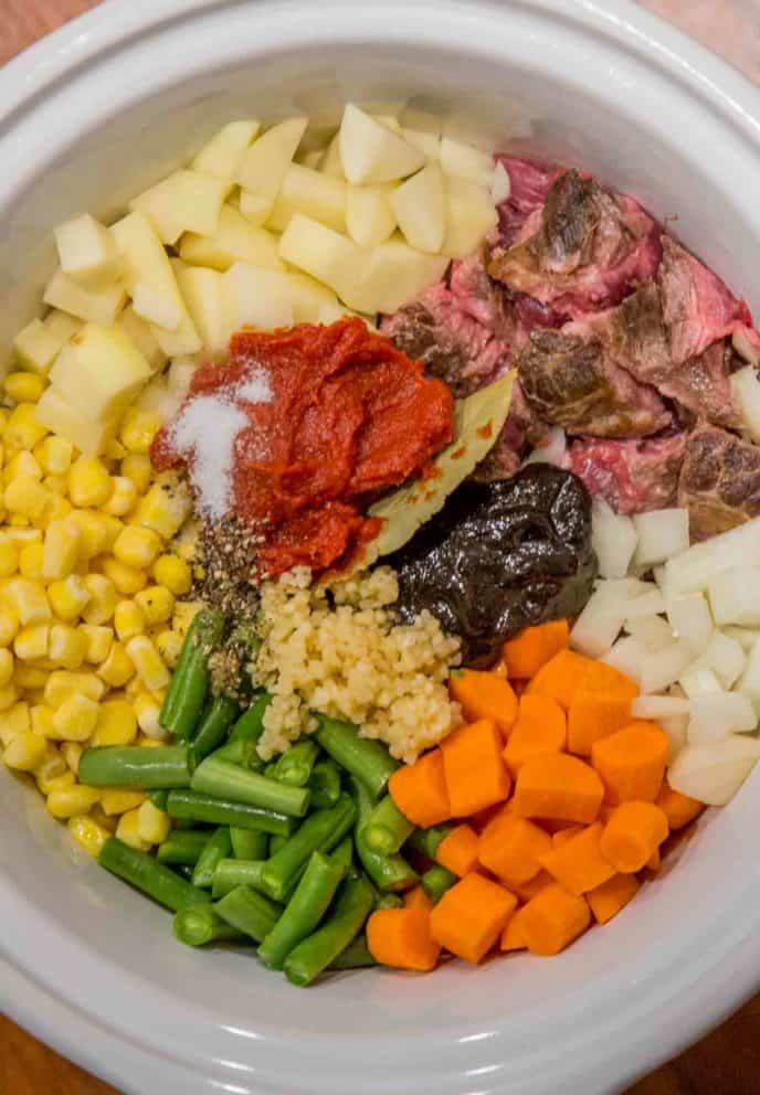 The ingredients of the Slow Cooker Vegetable Beef Soup.