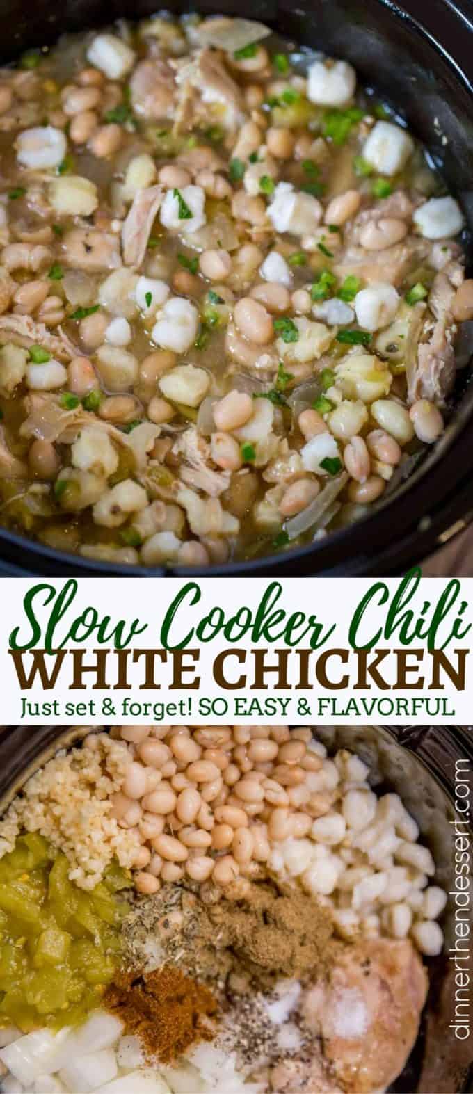 Slow Cooker White Chicken Chili with hominy, white beans, chicken and peppers is the perfect, easy white chicken chili of your dreams.