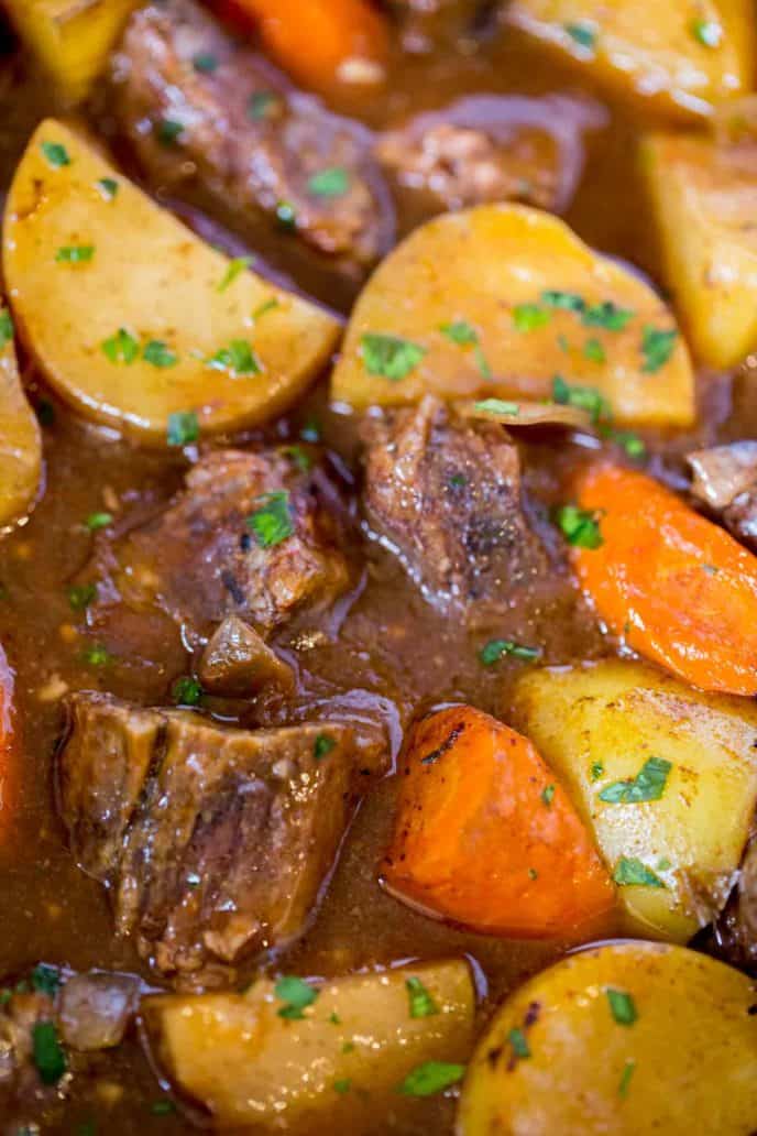 Crock Pot Beef Stew up close photo with potatoes and carrots