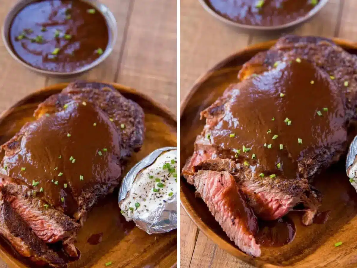 collage of plated meat with sauce on top