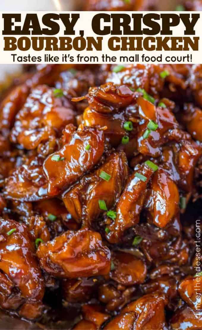 Bourbon Chicken. This chicken is so deliciously sweet and sticky and has a deep bourbon flavor with hints of the apple juice. It's good. Super good.