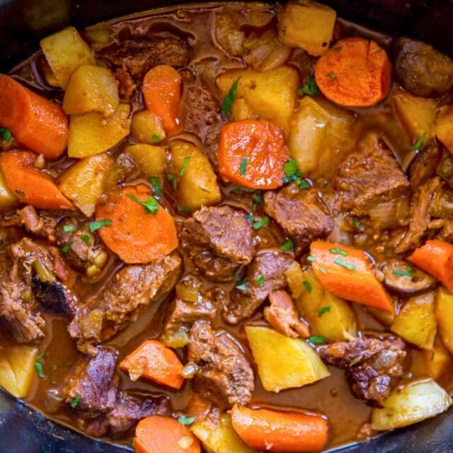 Finished beef stew in a slow cooker