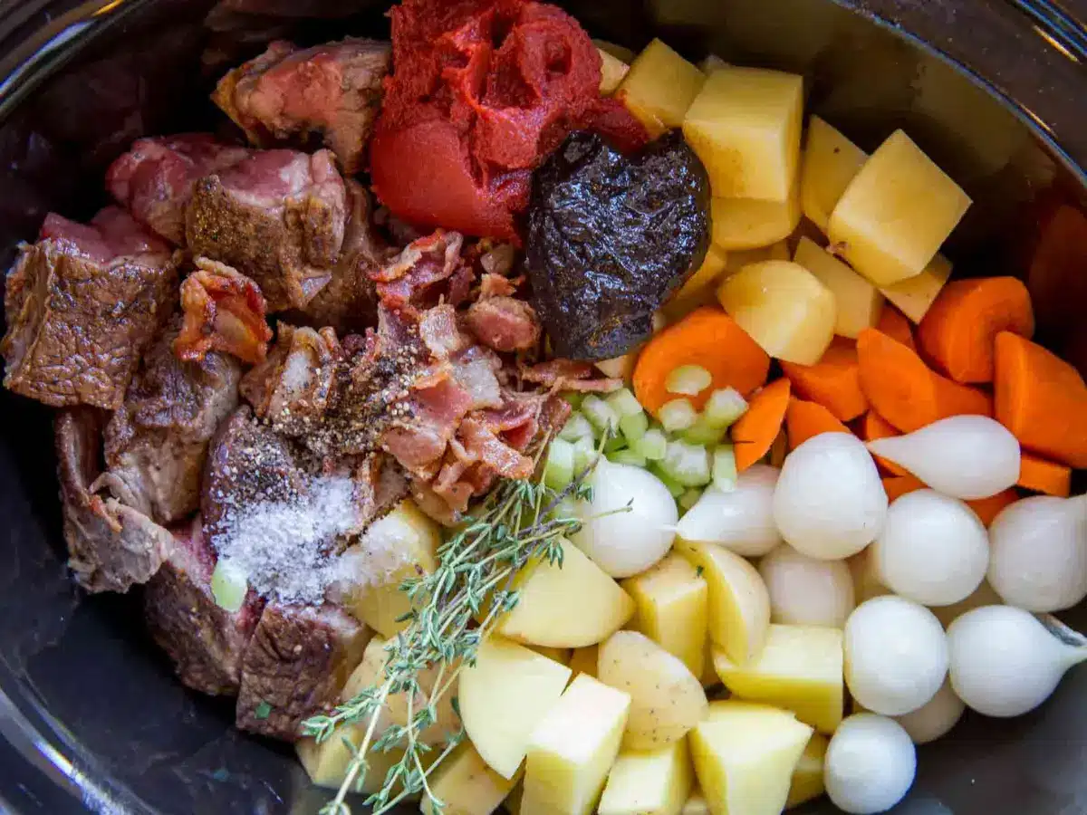 Crockpot full of ingredients to make stew