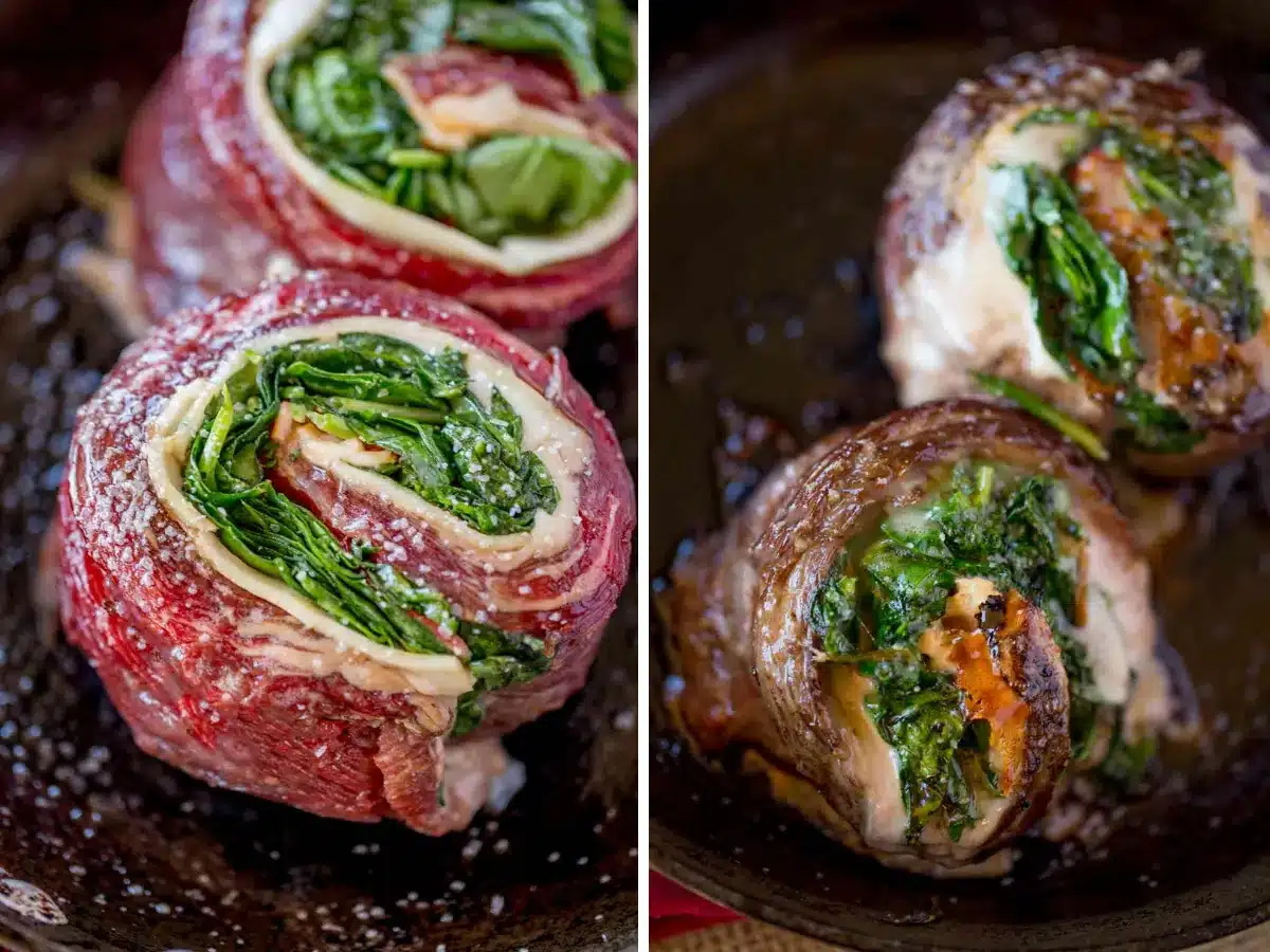 Collage of stuffed steak before and after cooking