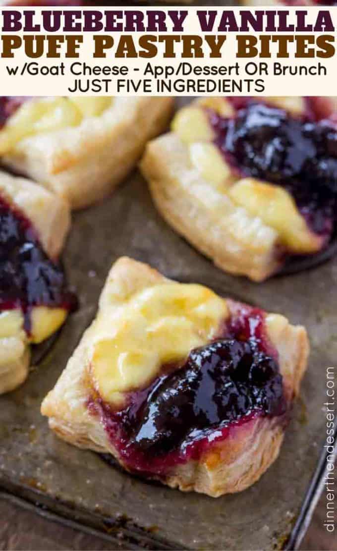 Cheesy Puff Pastry Bites with blueberry jam and goat cheese.