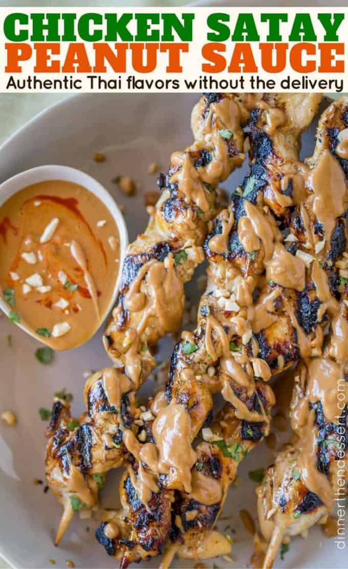 Satay Chicken made SUPER EASY with a spicy, citrus flavored peanut dipping sauce. Skip the Thai delivery!