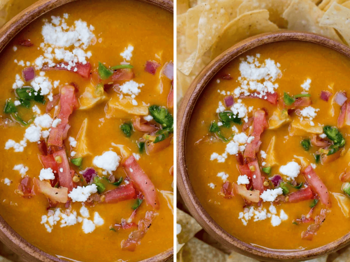 Collage of soup in bowl with chips