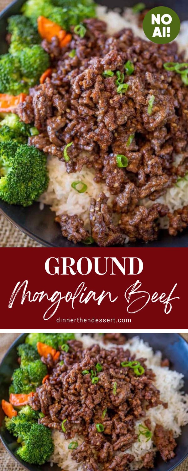 Collage of Asian bowl with ground beef