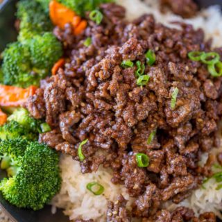 Ground Mongolian Beef in bowl with broccoli and carrots