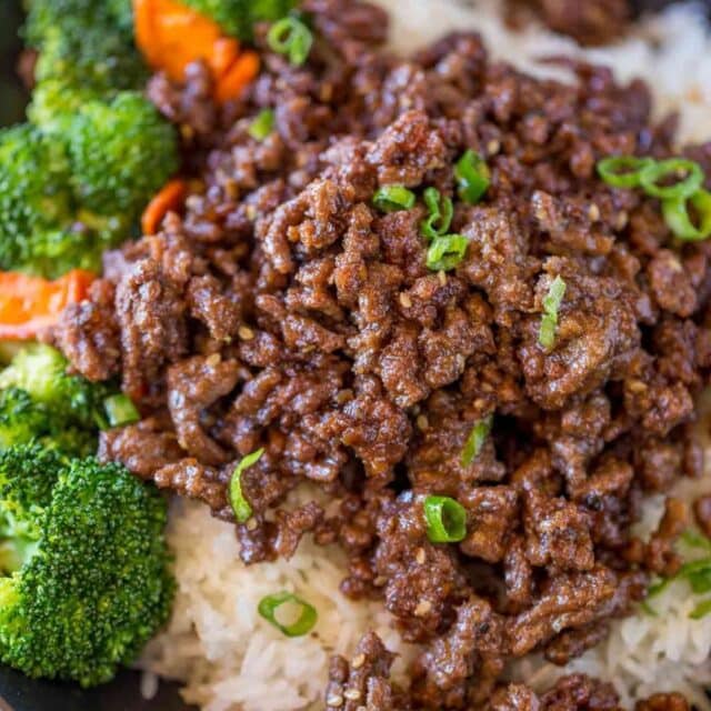 Ground Mongolian Beef with Rice, Broccoli and Carrots in blue bowl