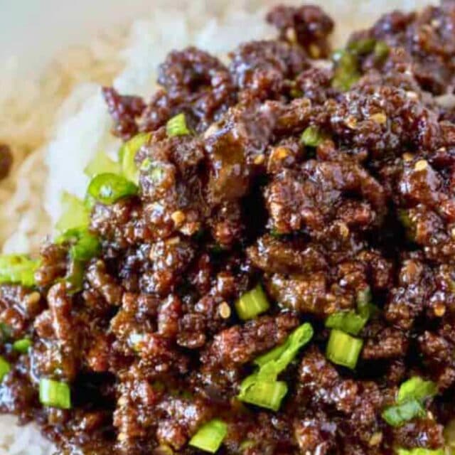 Saucy, cooked ground beef served over rice