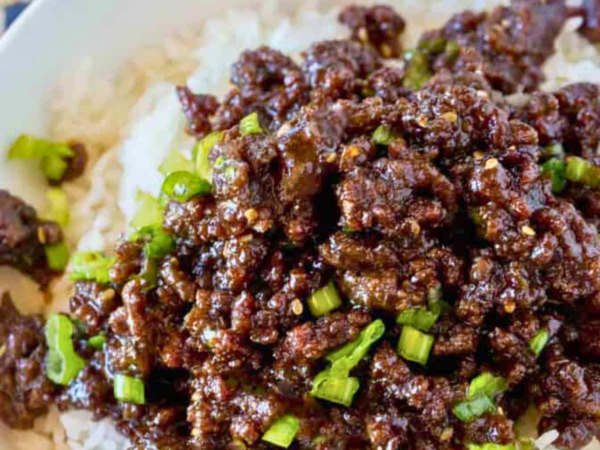 Saucy, cooked ground beef served over rice