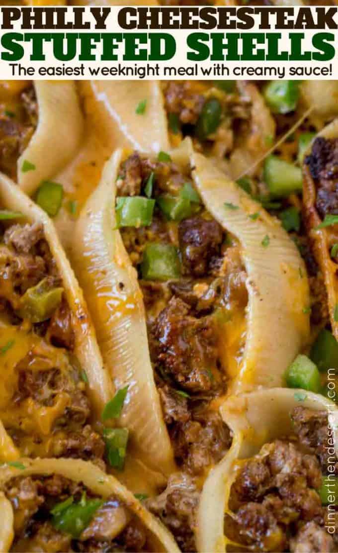 All the flavors of a philly cheesesteak stuffed in jumbo pasta shells with a creamy cheese sauce. The perfect weeknight meal that's easy and the whole family will love.