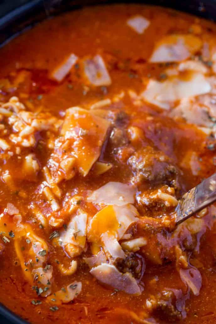 rich, cheesy, filling crock pot lasagna soup you can make in just a few minutes!