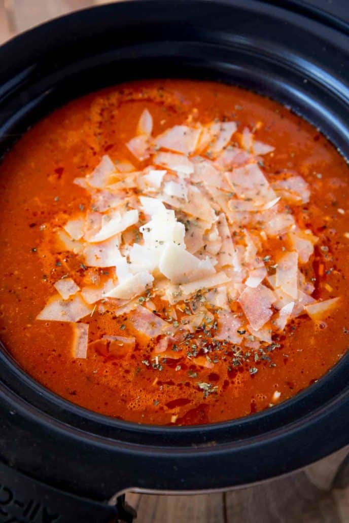 The easiest slow cooker lasagna soup with ground beef, cheese and lasagna noodles