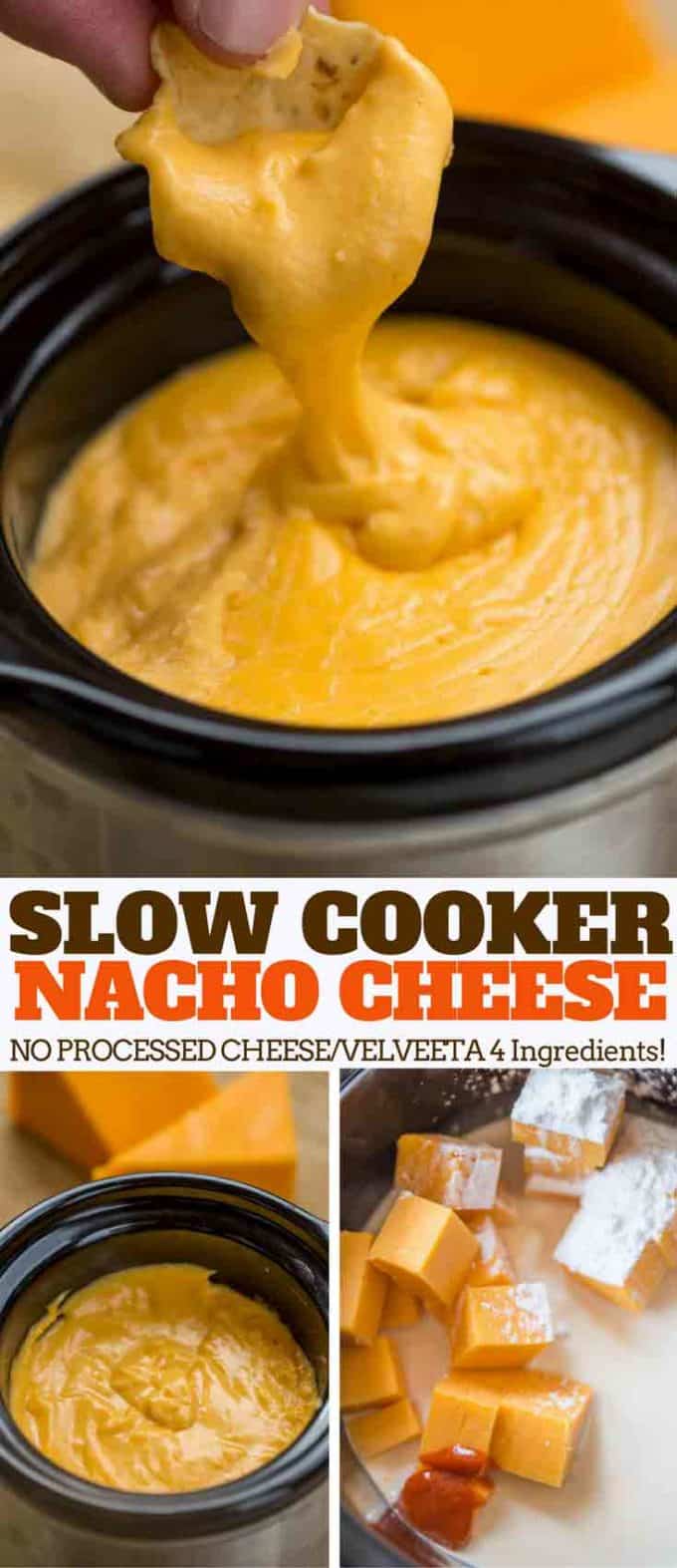 THE EASIEST creamy slow cooker nacho cheese sauce ever with just four ingredients!
