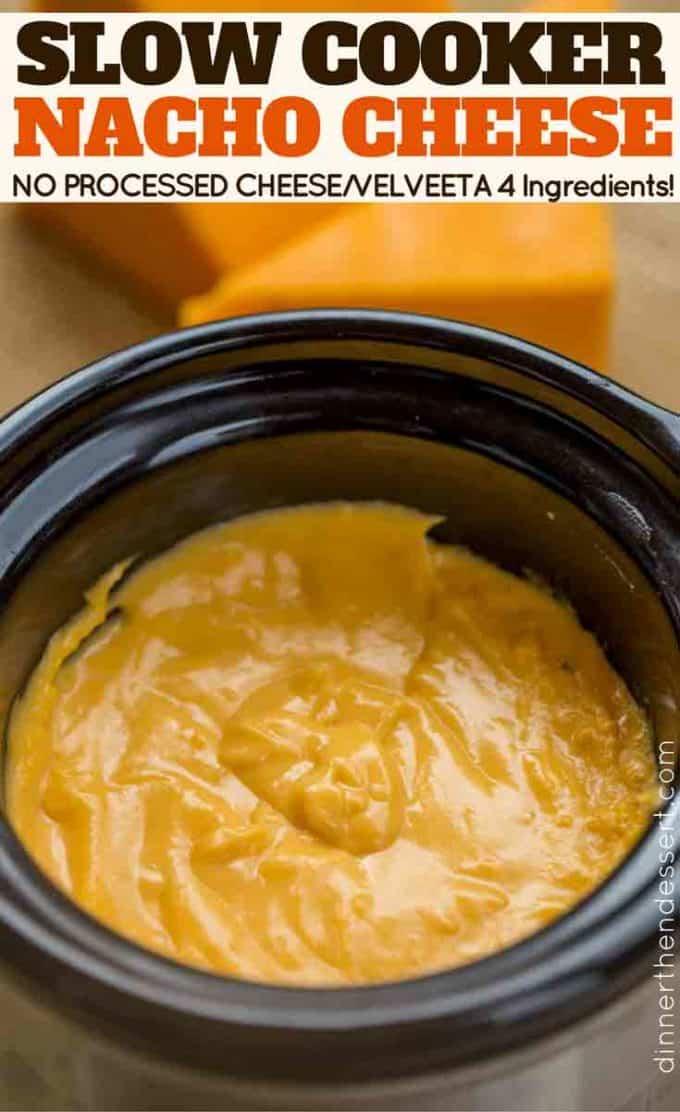 Make the perfect game day appetizer with just four ingredients! Slow Cooker nacho cheese sauce.