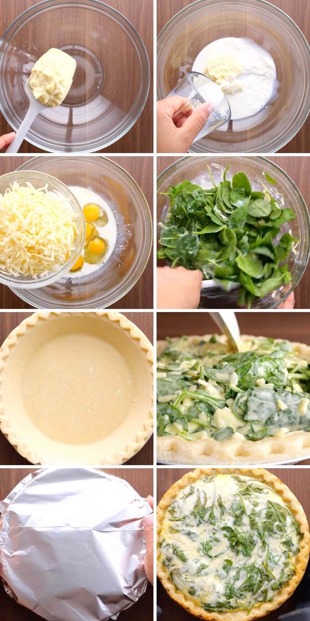 Spinach Quiche (Quiche Florentine) Collage of prep steps