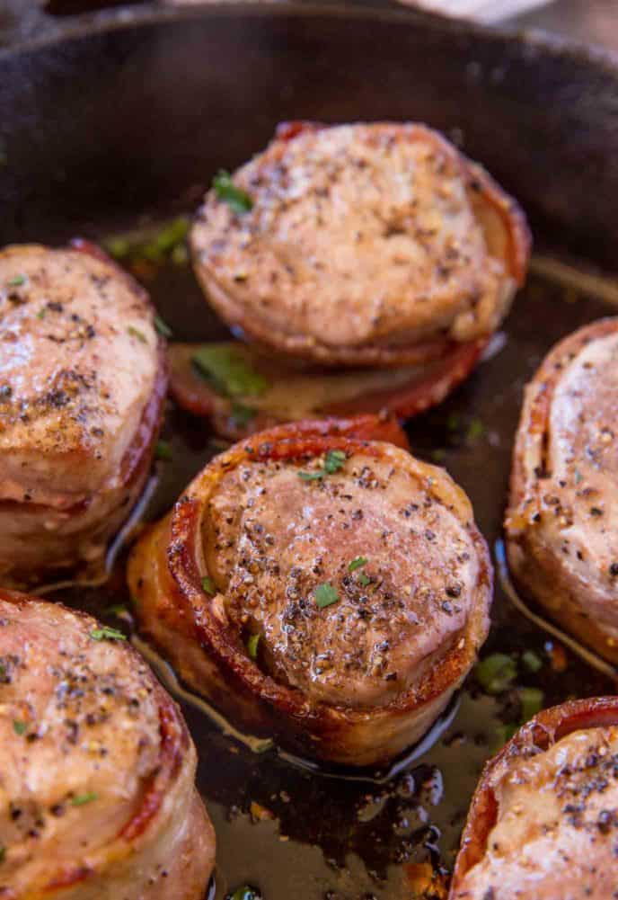 Bacon Wrapped Pork Medallions in Cast Iron Skillet
