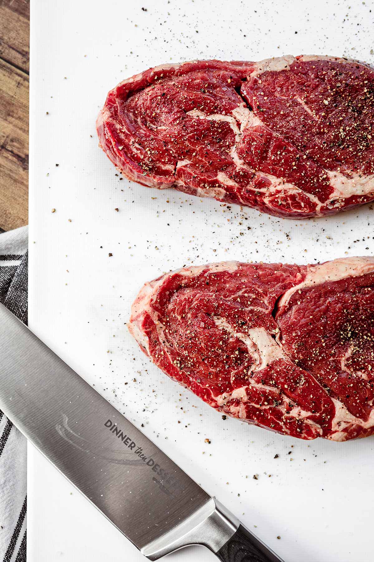 Beef Stroganoff ribeye steaks on cutting board