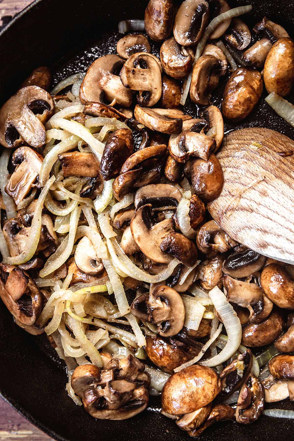 Beef Stroganoff onions and mushrooms in skillet