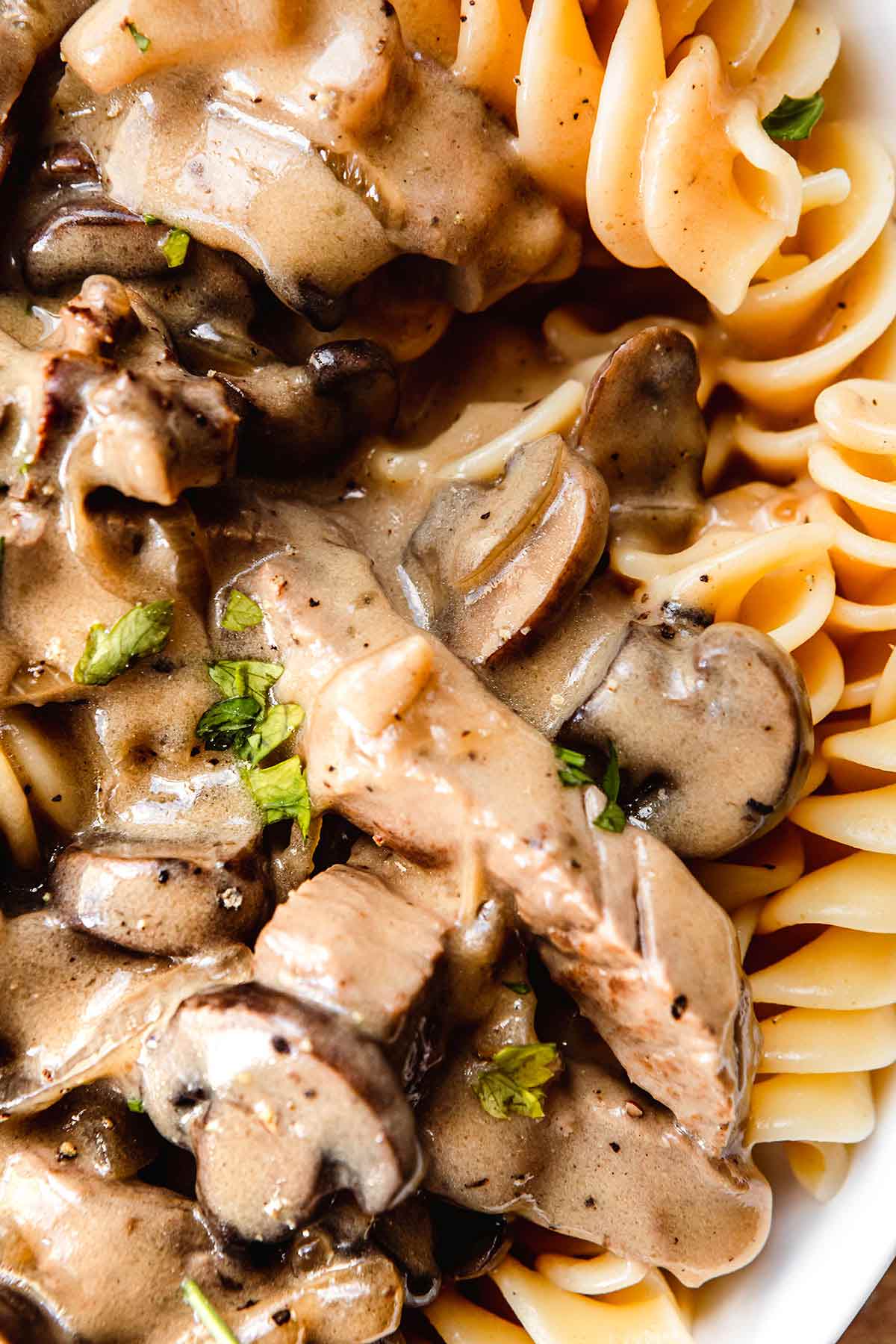 Beef Stroganoff steak with creamy mushroom gravy over egg pasta