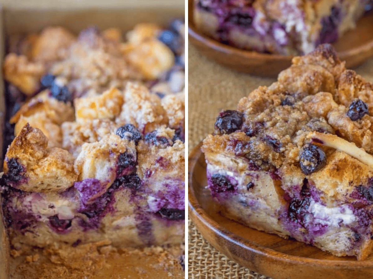 collage of bake in pan and slice served