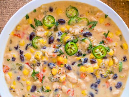 finished soup in bowl with jalapeno slices