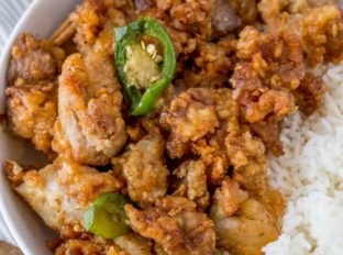 Crispy Hawaiian Garlic Chicken with Rice in bowl