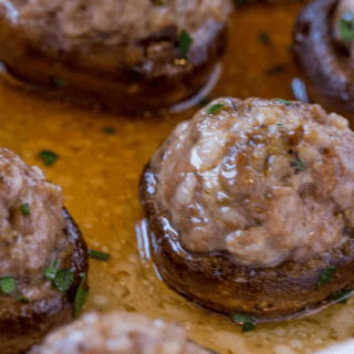 Closeup of mushrooms in juice