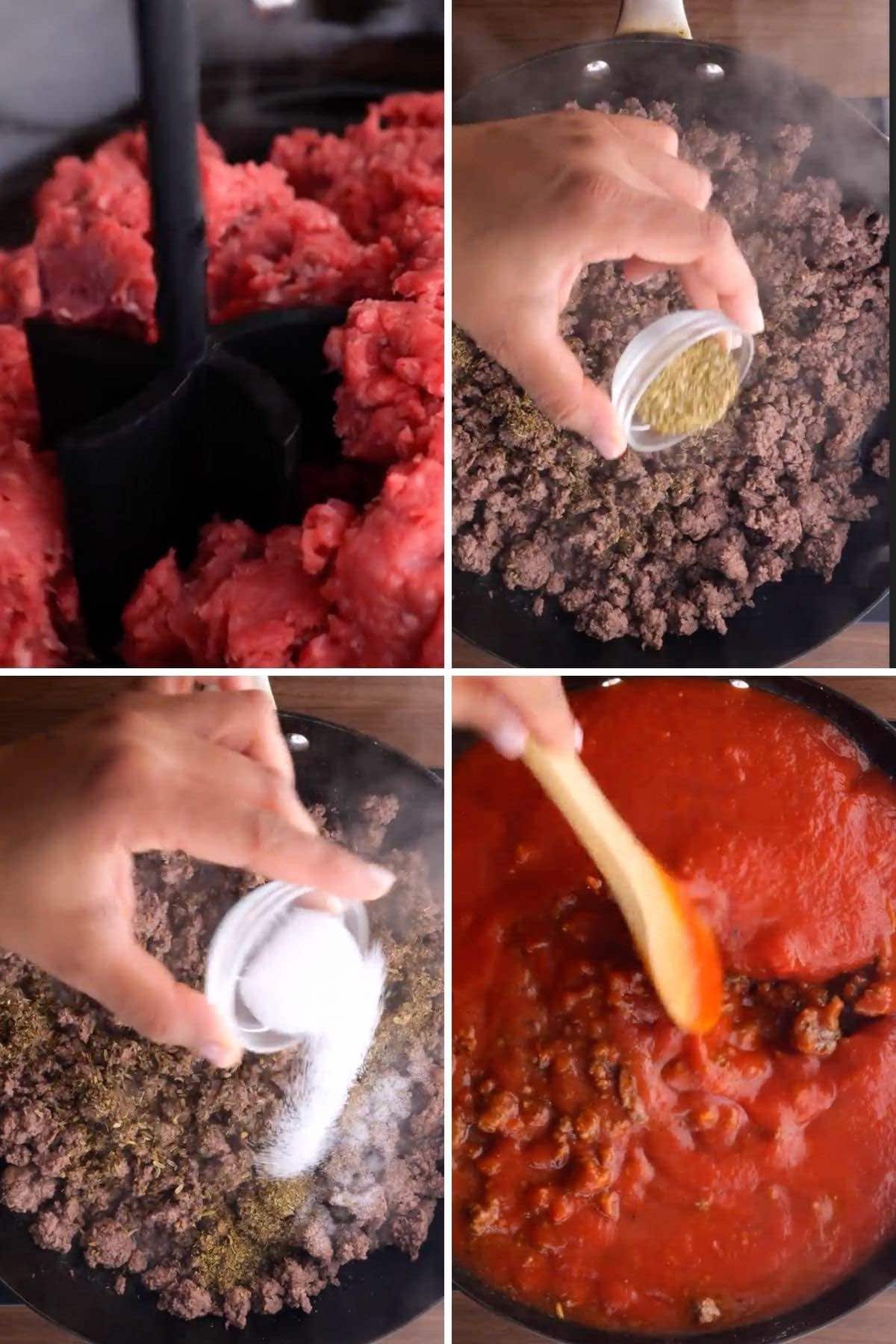 Ultimate Meat Lasagna Collage of meat and sauce cooking
