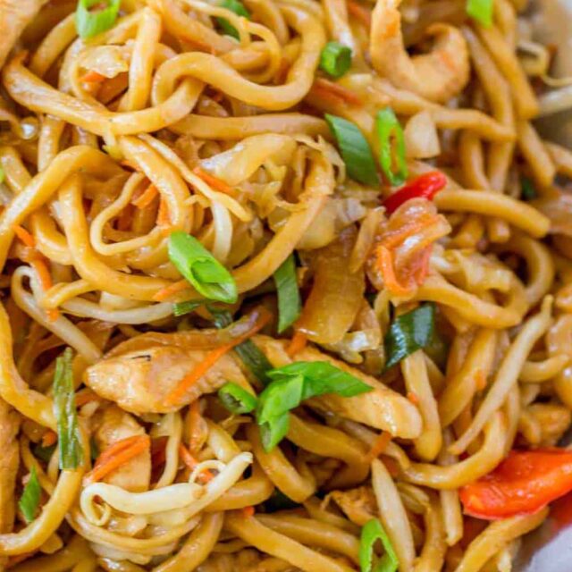 Cooked stir fry noodles in pan