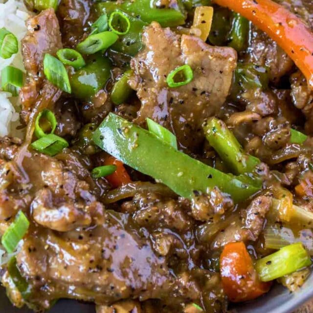 Pepper steak served with rice in a bowl