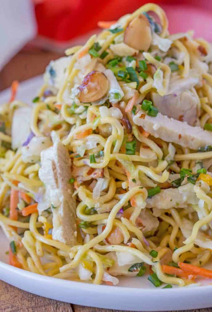 Ramen Noodle Salad with chicken and almonds