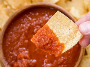 chips and salsa in wooden bowl