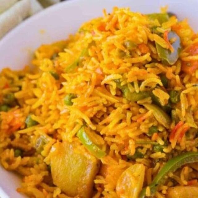 Indian rice and veggie dish in a bowl
