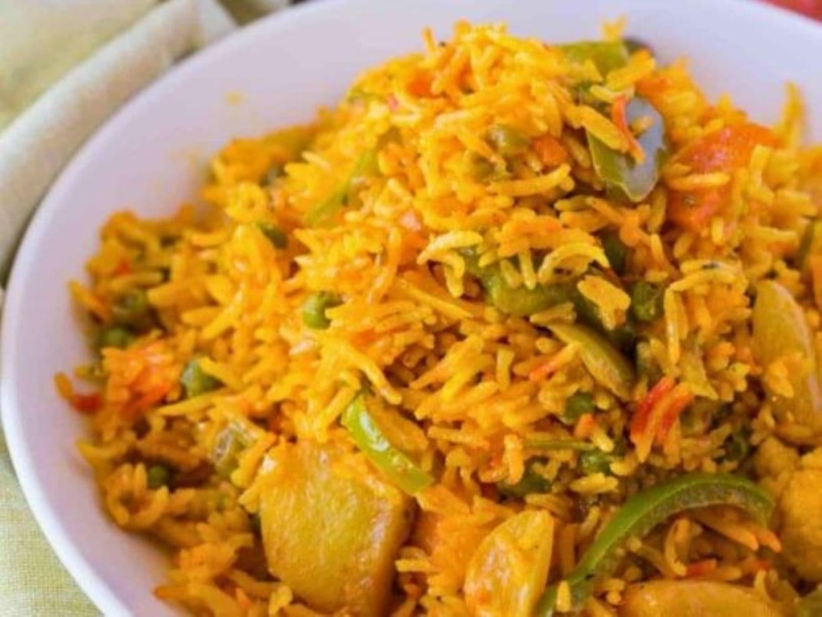Indian rice and veggie dish in a bowl