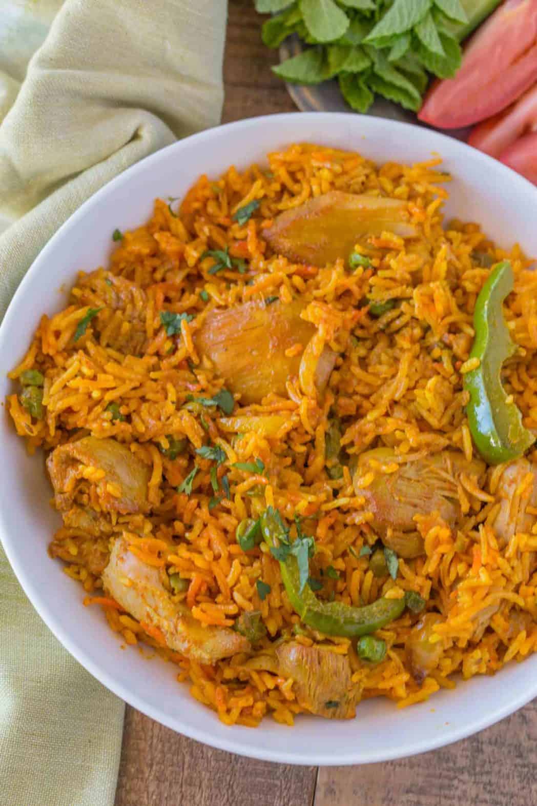 Fragrant biryani with tender meat and vegetables.