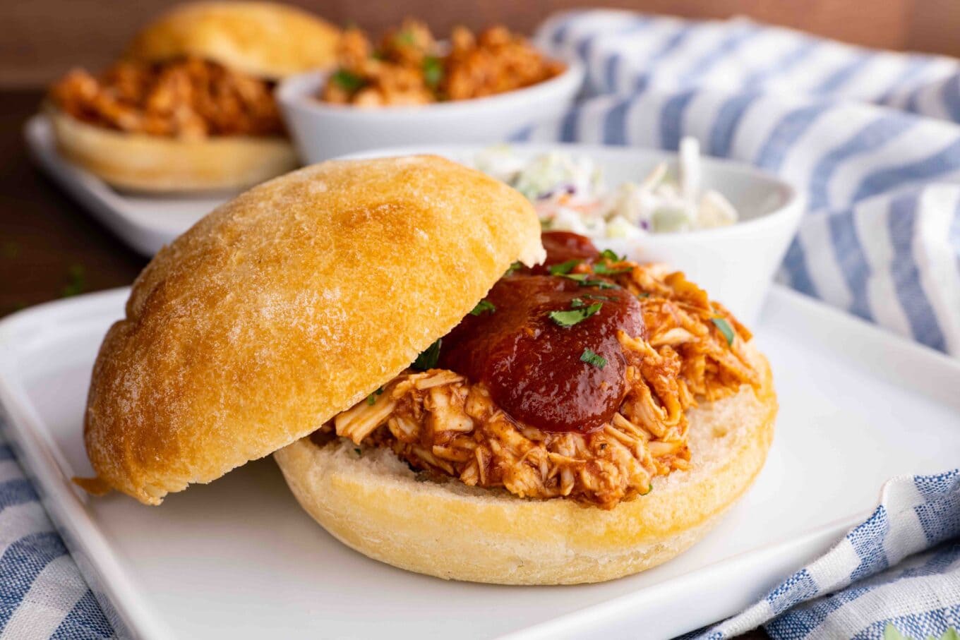 BBQ Pulled Chicken on bun with BBQ sauce